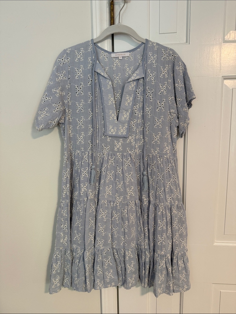 Olivaceous Light Blue Floral Tiered V-Neck Women's Dress